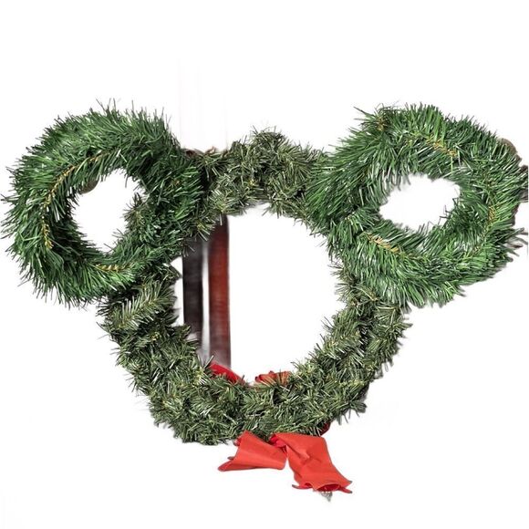 Mickey Mouse Shaped Holiday Door Wreath with/Red Glittering Bows and Ornaments - Picture 4 of 10